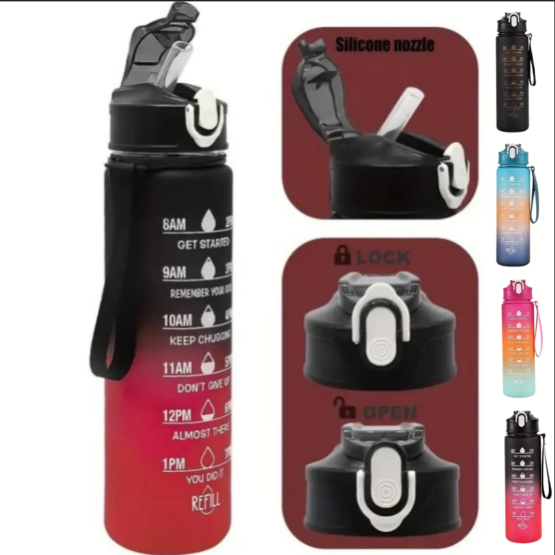 Outdoor Adventure Sports - 750mlスポーツウォーターボトル、時間トラッキングストロー付き、漏れ防止ロック式フリップカバーで持ち運び簡単、アウトドアアドベンチャーに最適